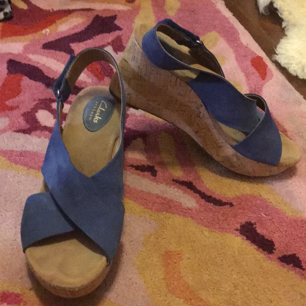 Clarks Wedge Sandals - Cork bottom, Blue Leather, Size 41 EU/9.5  M USA